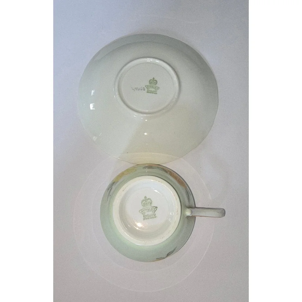 Aynsley England Bone China Teacup and Saucer Set Light Green Yellow Rose Gilt